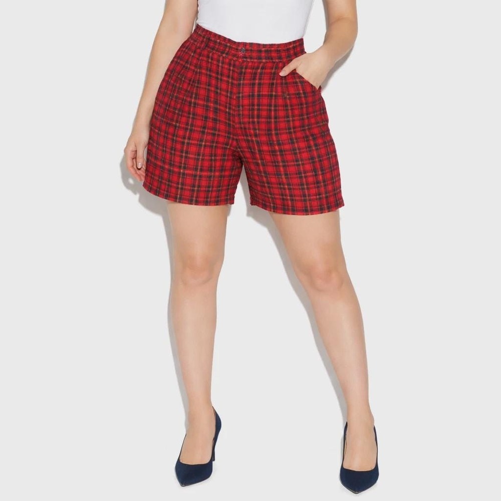 90s Vintage Red Plaid Corduroy Pleated Elastic Waist Shorts Womens 12 Office